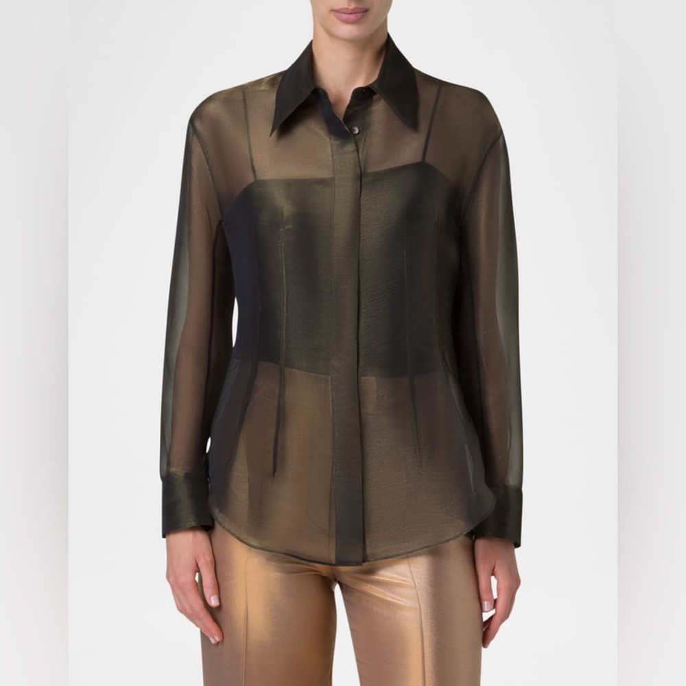 Akris New Button Down Silk Organza Blouse In Black Gold Size US 14 $1,990.00